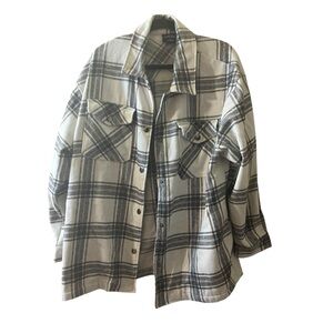HFX Plaid Shacket Oversized Button Down Jacket Beige Black Sz L